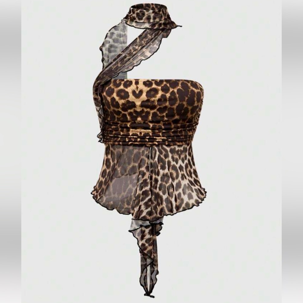 NWOT Goth Y2K Leopard print Chest Ruched Detachable Mesh Scarf Tube Top